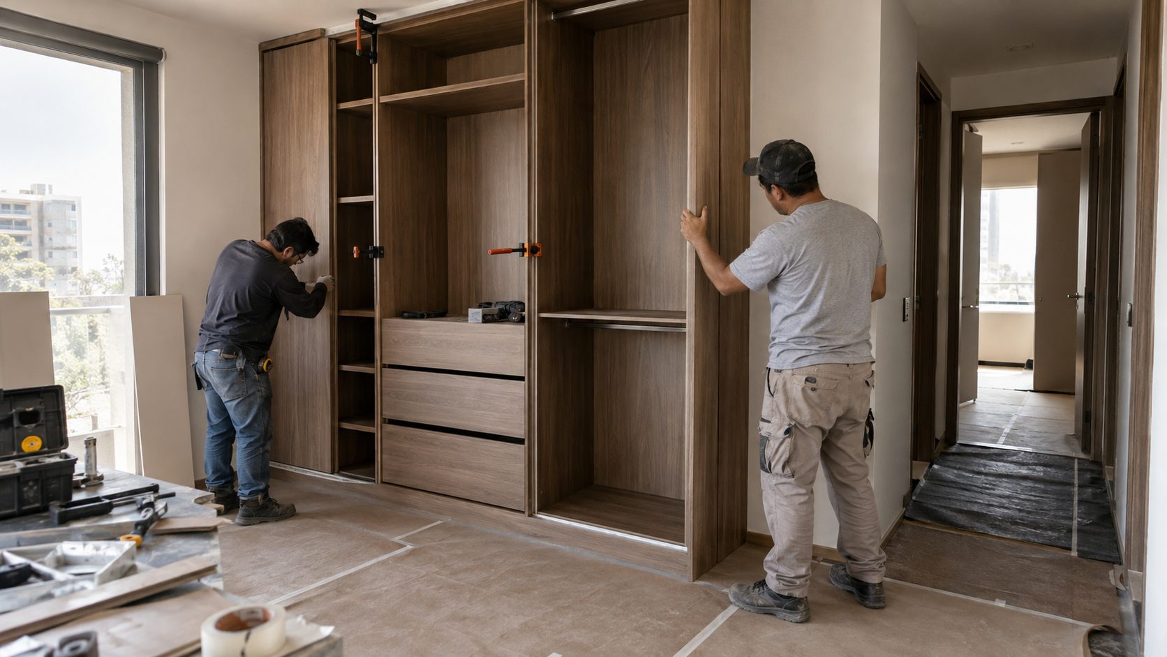 Dos instaladores de MJM montando un closet en melamine
