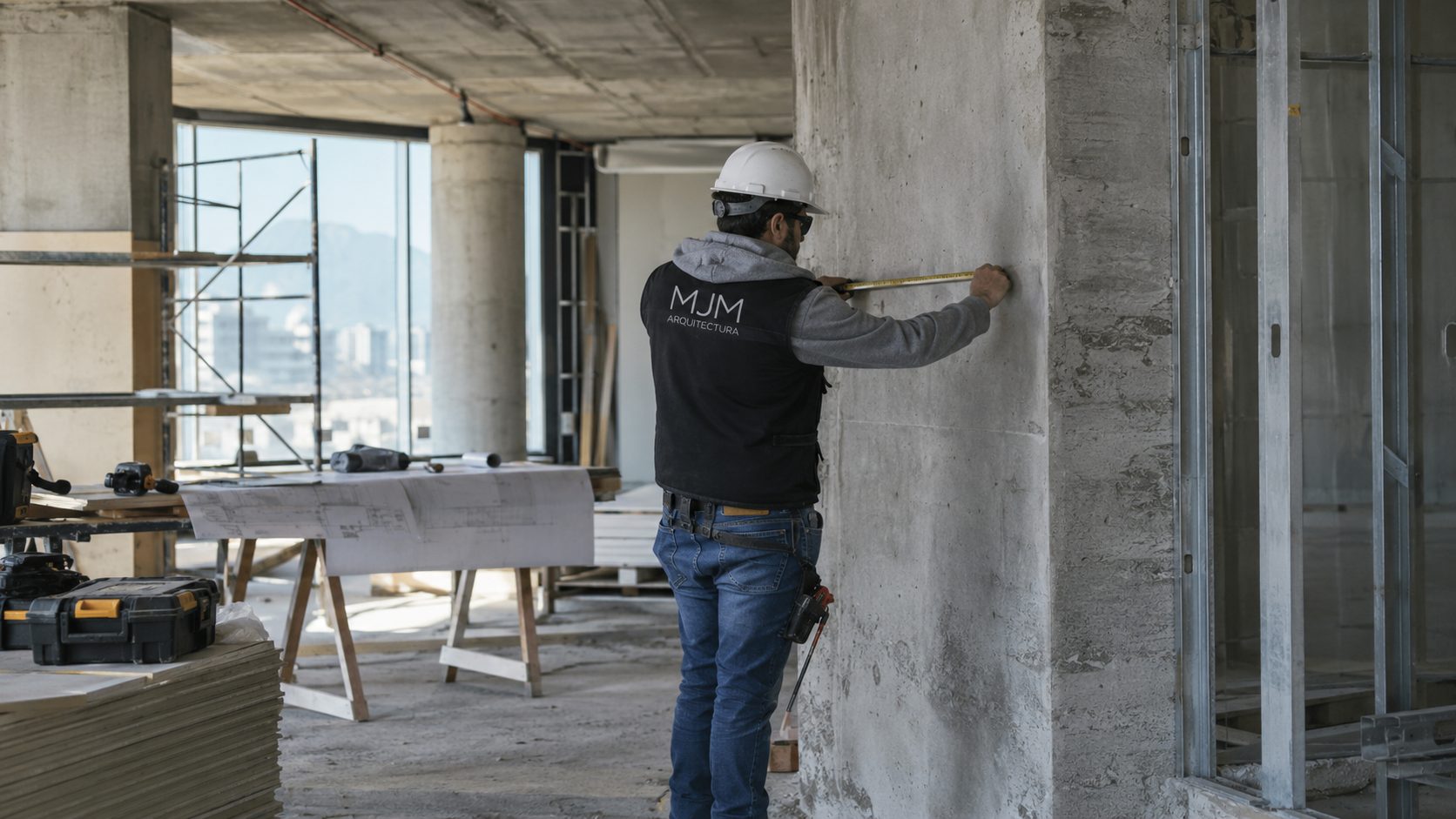 Profesional de MJM revisando medidas en una obra en construcción