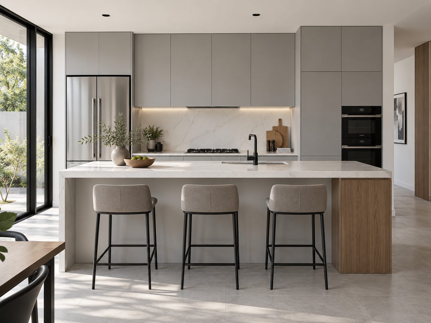 Cocina moderna con isla y taburetes