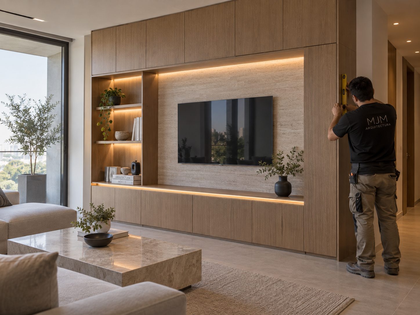 Instalador de MJM montando mueble de sala en madera con iluminación integrada